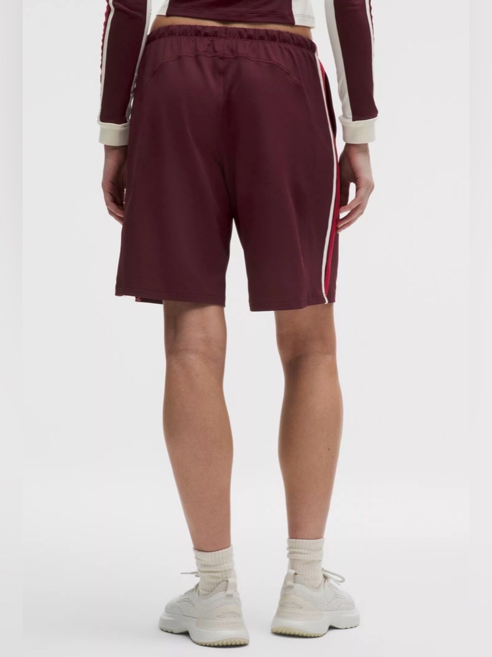 Lululemon Baggy Low Rise Track Shorts burgundy w/red & white side stripes NWT - Picture 2 of 12